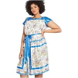 ModCloth Sunlit Reverie Midi Dress Floral Print Blue Trim Belted Plus Size‎ - 2X